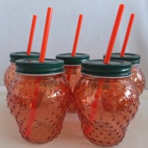Set of 5 Red Strawberry Glass Mason Jar Sippers w/ Lids & Straws - 17oz